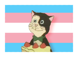 Deviantart stamp of Pelle Svanslös in front of a trans flag.