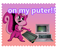Deviantart stamp of a pink squirrel and a computer. It says 'on my puter!!'.