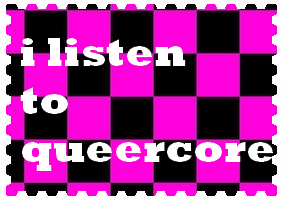 Deviantart stamp with magenta and black square pattern. It says 'i listen to queercore' in white.